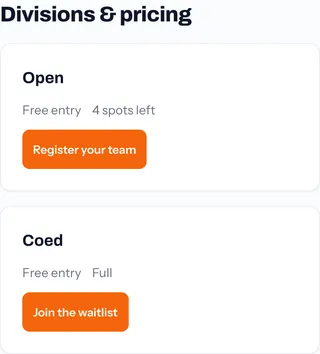 Two divisions on a tournament page: Open with 4 spots left, and Coed full with a Join the waitlist button.