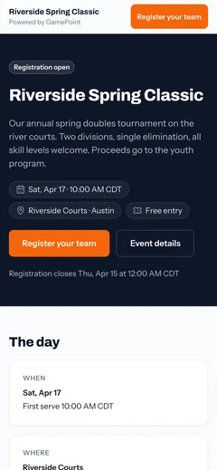 A tournament page on a phone: the Riverside Spring Classic, with its date, venue and a Register your team button.
