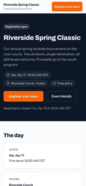 A tournament page on a phone: the Riverside Spring Classic, with its date, venue and a Register your team button.