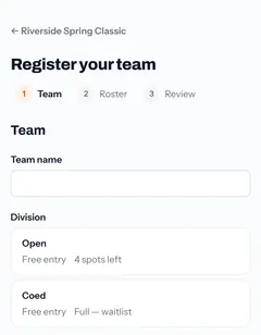 The Register your team form: team name, then a choice of division, each showing its spots left or its waitlist.
