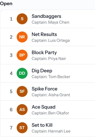 The organizer's seeding list for the Open division: teams numbered in seed order, with their captains.